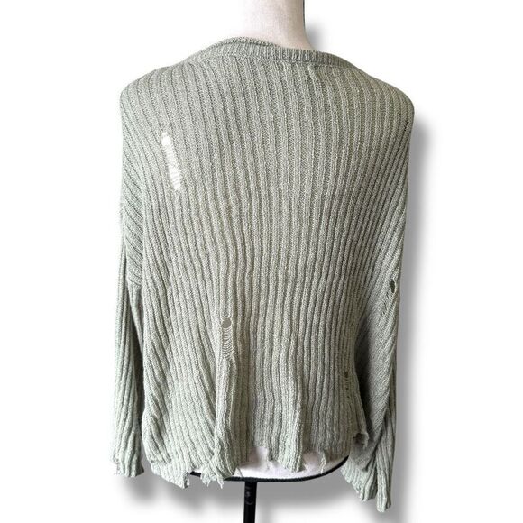 Pol Knit Scoop Neck Distressed Raw Hem Pullover Sweater Green Size Large - Picture 2 of 10